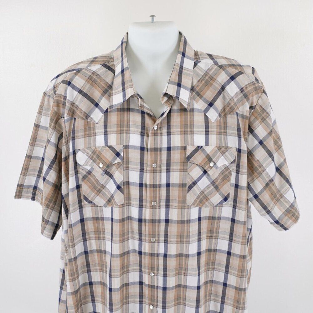 Fly Cattleman BIg Man Pearl Snap Collared Dress Shirt 3XBIG 19.5 Tan Blue‎ Plaid